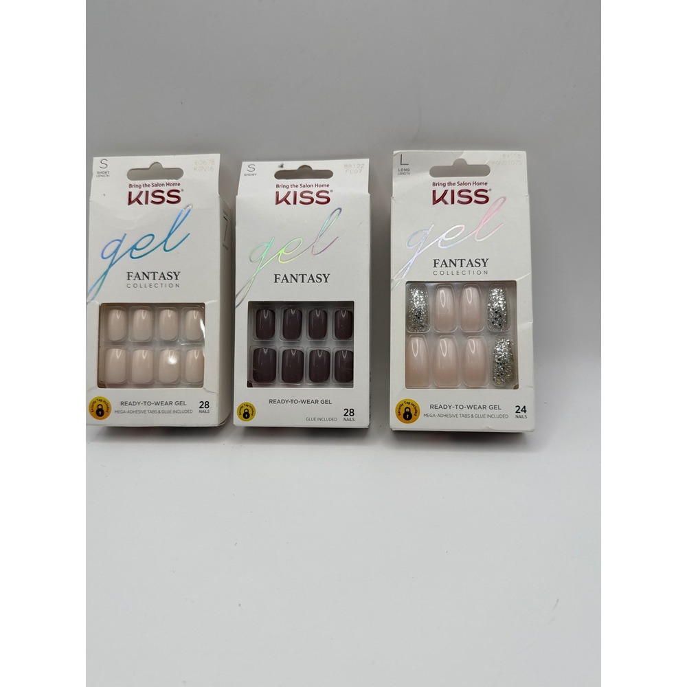 KISS Gel Fantasy Press-On Nails Bundle Nude Plum Silver Glitter 3 Packs NEW